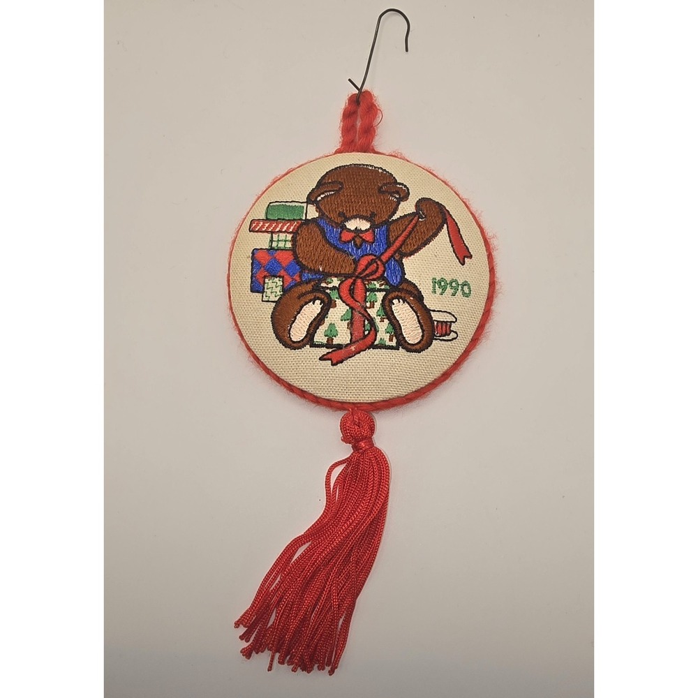 Vintage 1990 Handmade Embroidered Teddy Bear Christmas Ornament -805